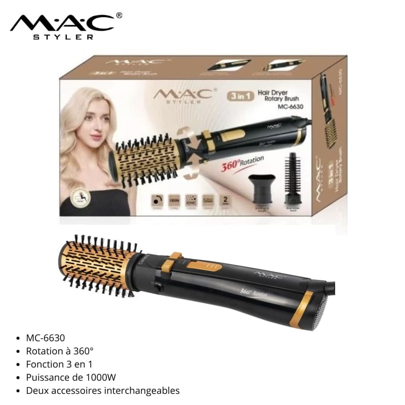 Brosse Soufflante Rotative Professionnelle 3-en-1 MC-6630 - Sèche-Cheveux, Lisseur et Volumisateur 1000W فرشاة مجفف شعر دوارة احترافية 3 في 1 MC-6630 - مجفف شعر، مملس ومكثف 1000 واط
