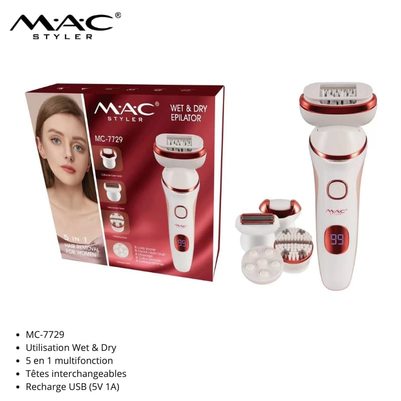 Appareil Multifonction 5-en-1 : Rasoir, Épilateur et Brosse Nettoyante/Massage - Blanc جهاز متعدد الوظائف 5 في 1: حلاقة، إزالة شعر، فرشاة تنظيف وتدليك - أبيض